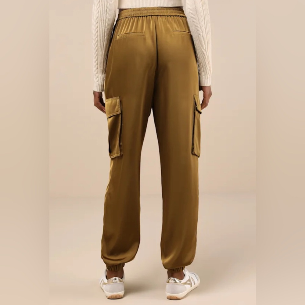 NWT Lulus Chic Dedication Olive Green Satin High-Rise Cargo Jogger Pants - Picture 2 of 7